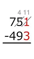 1 - 3 = nuk është e mundur. Ne shtojmë një 10 në 1. Për shkak se 10 është "huazuar" nga 5 afër, 5 ulet me 1.