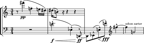 
\new StaffGroup <<
  \new Staff \with { midiInstrument = "violin" }
  \relative c''' {
    \clef treble \time 3/4
    \set Score.tempoHideNote = ##t
    \tempo 8=120
    \accidentalStyle dodecaphonic
    r8 fis4(\tenuto\pp f,4\tenuto e16 dis16) | dis16 (b8) r16 r4 r4
  }
  \new Staff \with { midiInstrument = "string ensemble 1" }
  \relative c' {
    \clef bass \time 3/4
    \accidentalStyle dodecaphonic
    R1*3/4 | e4.^\marcato\f\< (ees,4^\marcato) (d,8^\marcato\ff)~ | d8 ees8^\marcato (e'8^\marcato)\< (f'8^\marcato\fff) \clef treble fis'4^\marcato~ | fis4^\markup\tiny{"schon zarter"} g,2 |
  }
>>
