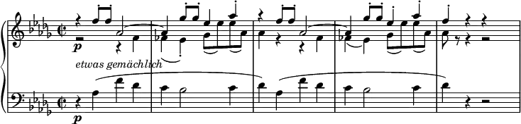 { \new PianoStaff <<
\new Staff <<
\new Voice { \set Score.tempoHideNote = ##t \tempo 2 = 55 \relative f'' {
\voiceOne \clef "treble" \key des \major \stemUp \set Staff.midiInstrument = #"piano" \time 2/2 | % 1
r4 \p _\markup{ \italic {etwas gemächlich} } f8 -. f8 -. as,2 ^~ | % 2
as4 ges'8 -. ges8 -. es4 as4 -. | % 3
r4 f8 -. f8 -. as,2 ^~ | % 4
as4 ges'8 -. ges8 -. es4 -. as4 -. | % 5
f4 -. r4 r } } % end of voiceOne
\new Voice \relative f' {
\voiceTwo \clef "treble" \key des \major \stemDown \time 2/2 | % 1
r2 r4 f4 | % 2
fes4 _( es4 ) -. ges8 _( es'8 ) es8 _( as,8 ) | % 3
as4 r4 r4 f4 | % 4
fes4 _( es4 ) ges8 _( es'8 ) es8 _( as,8 ) | % 5
as8 r8 r4 r2 } >>
\new Staff <<
\new Voice { \set Staff.midiInstrument = #"piano" \relative as {
\clef "bass" \key des \major \time 2/2
r4 \p as4 ( f'4 des4 | % 2
c4 bes2 c4 | % 3
des4 ) as4 ( f'4 des4 | % 4
c4 bes2 c4 | % 5
des4 ) r4 r2 } } >>
>> }