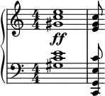 { \new PianoStaff << \new Staff \relative c'' { \clef treble \key c \major \numericTimeSignature \time 4/4 <e c gis>1\ff( | <c g e>8 } \new Staff \relative c' { \clef bass \key c \major \numericTimeSignature \time 4/4 <e c gis>1 | <c e, g, c,>8 } >> }