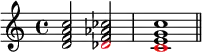 {
\new Staff <<
\new Voice \relative c' {
\clef treble \key c \major \time 4/4
\override NoteColumn.force-hshift = #1 \override NoteHead.color = #red s2 des \override NoteColumn.force-hshift = #0.5 c1
}
\new Voice \relative c' {
\clef treble \key c \major \time 4/4
<d f a c>2 <f aes ces> <e g c>1 \bar "||"
}
>> }