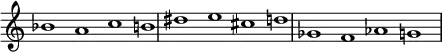 
{
\override Score.TimeSignature
#'stencil = ##f
\override Score.SpacingSpanner.strict-note-spacing = ##t
  \set Score.proportionalNotationDuration = #(ly:make-moment 3/2)
    \relative c'' {
        \time 4/1
        \set Score.tempoHideNote = ##t \tempo 1 = 60
        bes1 a c b!
        dis e cis d
        ges, f aes g
    }
}
