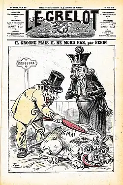 Press drawing depicting a man dressed in ecclesiastical garb admiring a large four-legged beast while another man teases the animal with the tip of his umbrella.