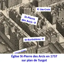 The Church of Saint-Pierre-des-Arcis on Turgot's map.