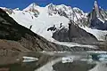 Cerro Ñato (left), Cerro Adela (center), and Cerro Torre (right) from Laguna Torre