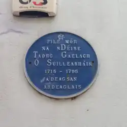 Blue plaque in Irish commemorating Tadhg Gaelach Ó Súilleabháin, poet, in Waterford City, Ireland