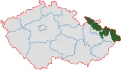 Czech Silesia (green) overlapped with the current regions of the Czech Republic