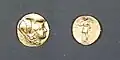 Gold stater of Alexander the Great. Obverse: Athena wearing Corinthian helmet. Reverse: Nike holding stylis and wreath. Possibly minted in Abydos c. 328–323&nbsp;BC.