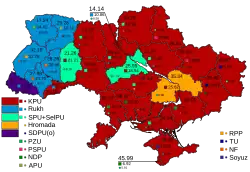 A coloured map of results of the 1998 Ukrainian parliamentary election