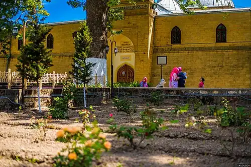 The mosque courtyard, with plants and people