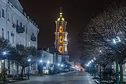 Soborna Street and bell tower of Transfiguration Cathedral