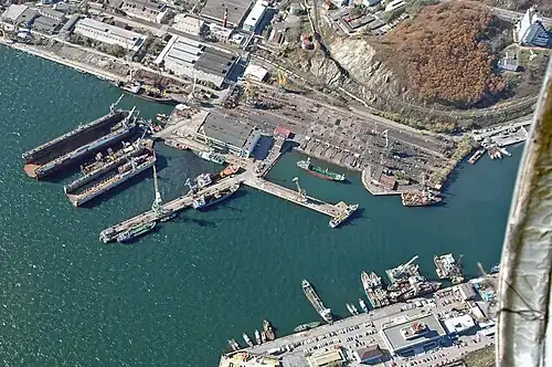 Aerial view of the shipyards and quays.