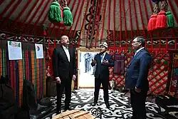 Presidents Ilham Aliyev and Sadyr Japarov visiting a yurt in Khidirli, July 2025