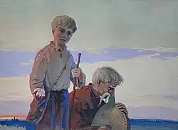An old kobzar carrying lute, with a young boy guiding him