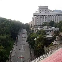Hrushevskoho Street, Lypky's central street viewed uphill, with the Government Building seen on right background