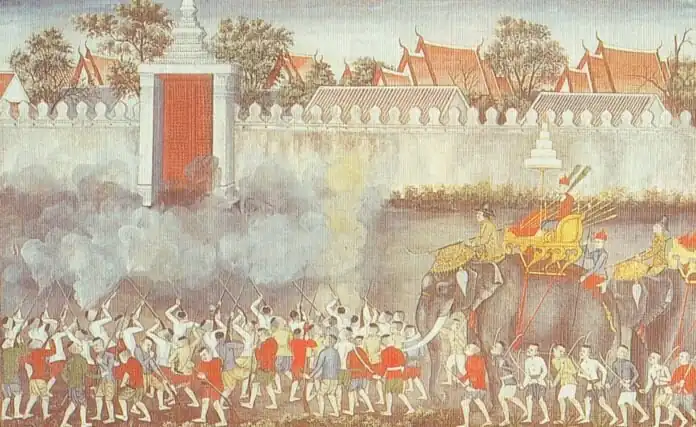 Prince Narai’s coup d’état against his uncle, King Si Suthammaracha. Painting by Nai Im, commissioned by King Chulalongkorn in 1887.