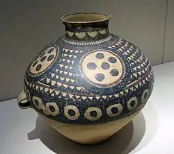 Dotted pottery pot, semi-mountain type; dating from 4700 to 4300 years ago (2700-2300 BC); Gansu Provincial Museum