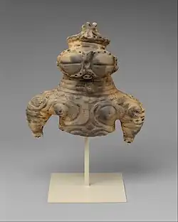 Dogū; 1000–300 BC; earthenware with cord-marked and incised decoration; height: 16.5&nbsp;cm, width: 16.2&nbsp;cm, depth: 7.9&nbsp;cm; Metropolitan Museum of Art (New York City)