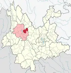 Location of Binchuan County (red) and Dali Prefecture (pink) within Yunnan province of China