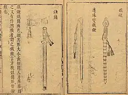 Two types of iron whips (middle and right) in military compendium Wu Bei Zhi