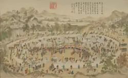 The Emir of Uqturpan surrendering the city of Uqturpan during the suppression of the Muslim Revolt of the Altishahr Khojas. (平定伊犁回部戰圖冊·烏什酋長獻城降, 1764).