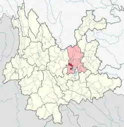 Location of the Xishan District (red) and Kunming City (pink) within Yunnan