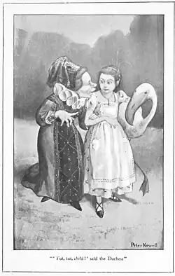 Alice, a young girl with long black hair, wearing a white dress and pinafore, walks with a Duchess who is digging her sharp chin into her shoulder. Alice carries a flamingo.