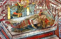 Detail of Siddharta looking in at his sleeping wife and child before leaving. Thai mural.