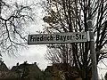 Street name sign, Friedrich-Bayer-Straße, Leverkusen, Germany