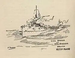 Warships shelling an island