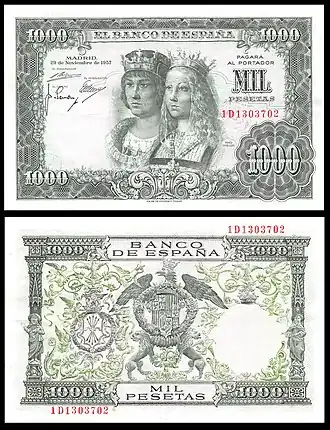 Image 13 Spanish peseta Banknote: Bank of Spain The Spanish peseta is a former currency of Spain and, alongside the French franc, a former de facto currency in Andorra. It was introduced in 1868, replacing the peso, at a time when Spain was considering joining the Latin Monetary Union. Spain joined the euro in 1999, and the peseta was replaced by euro notes and coins in 2002. This picture shows a 1000 peseta banknote from 1957. The obverse depicts the Catholic Monarchs while the reverse shows the coat of arms of Spain. More selected pictures