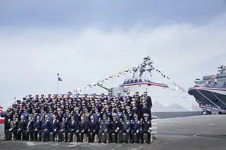 Taiwanese President Ma Ying-jeou with dignitaries, officers, and crew at Tuo Chiang's commissioning ceremony