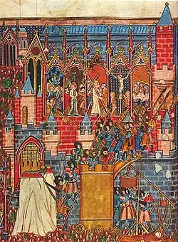 A miniature depicting the walls of a large fortress and dozens of armed people attacking it using siege machines