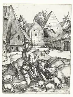 The Prodigal Son, 1496, copper engraving, 24.7&nbsp;×&nbsp;19.1&nbsp;cm (Rijksmuseum, Amsterdam)