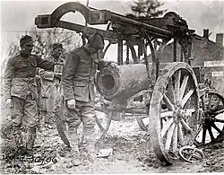 A captured Mrs 99 barrel on its transport wagon.