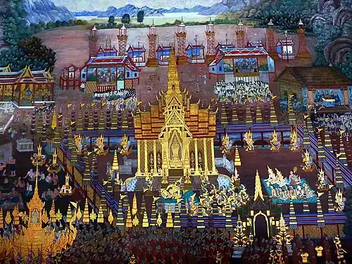 Phiphek holds the royal cremation ceremony for Thotsakan. His relatives and companions join in offering the funeral rites, mourning him with deep affection. Various performances are staged at the ceremony.