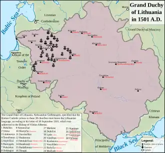 Image 103The Grand Duke of Lithuania, Alexander Jagiellon, specified that the Roman Catholic priests in these 28 churches must know the Lithuanian language, according to his letter of 18 September 1501, which was addressed to the Bishop of Vilnius Albertas. (from Grand Duchy of Lithuania)