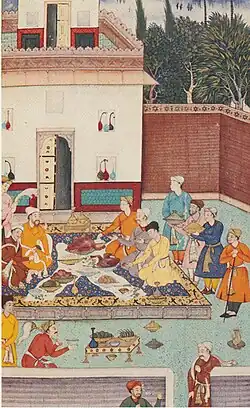 Timurid conqueror Babur in a banquet presented with roast goose