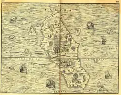 1565 map of Sumatra with south orientation on top, showing "Terre Laru" on center-lower left