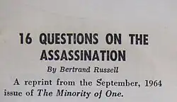 Crop of pamphlet. Black text on white paper reading "16 Questions on the Assassination, by Bertrand Russell, a reprint from the September 1964 issue of The Minority of One"