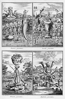 Matsya, Kurma, Varaha & Narasimha (avatars of Vishnu) - Cérémonies & Coutumes Religieuses de tous les Peuples du Monde, 1723