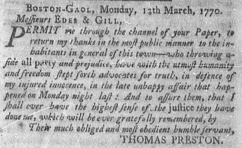 Newspaper item from prisoner Thomas Preston, 1770