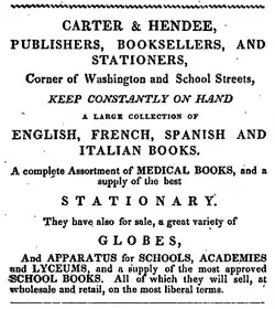 Ad for Carter & Hendee, booksellers; Washington St. and School St., Boston, 1832
