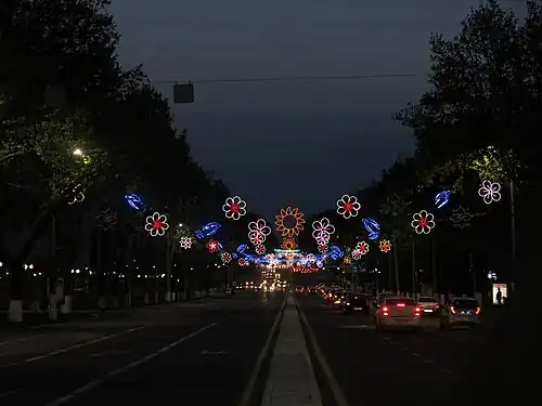 A street in Tashkent decorated with lights celebrating Navruz