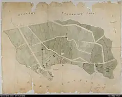 Earliest detailed map of Milsons Point (left) and Kirribilli Point (right): an 1840s subdivision map for the Estate of Robert Campbell. Improvements shown on the map are Milson's dairy and orchard located to the north of Milsons Point.[12]