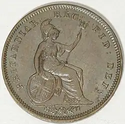 Copper coin with a rendering of Britannia