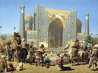 The Emir of Bukhara and the notables of the city watch how the heads of Russian soldiers are impaled on poles. Samarkand