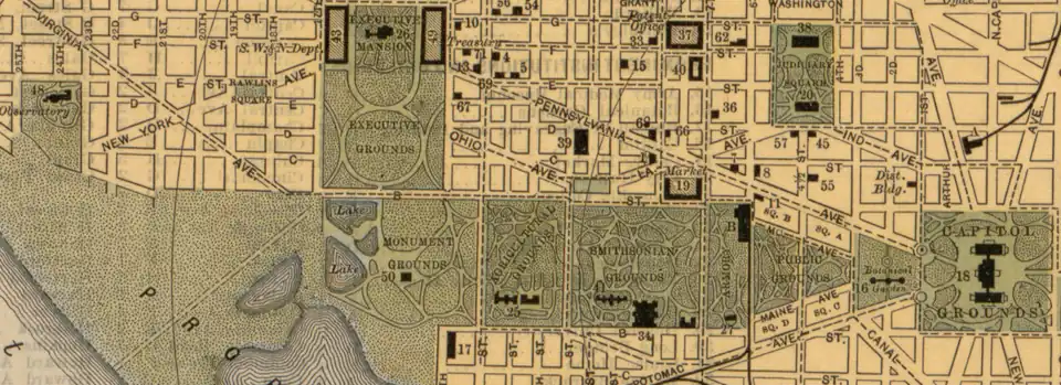 Image 23A map of the Mall in 1893 showing the Monument Grounds (with the Washington Monument), Agricultural Grounds (with the Dept. of Agriculture), Smithsonian Grounds (with the Castle and Arts and Industries museum), Armory Square, Public Grounds and Botanical Garden, and parts of the recently created "Tidal Reservoir" and "Proposed Park". (from National Mall)