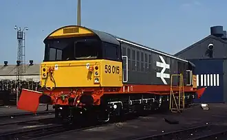 Railfreight Red Stripe livery, shown on a new Class 58 in August 1984.