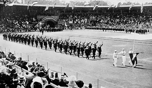 Separate Hungarian team at the 1912 Summer Olympics with Hungarian three-color flag